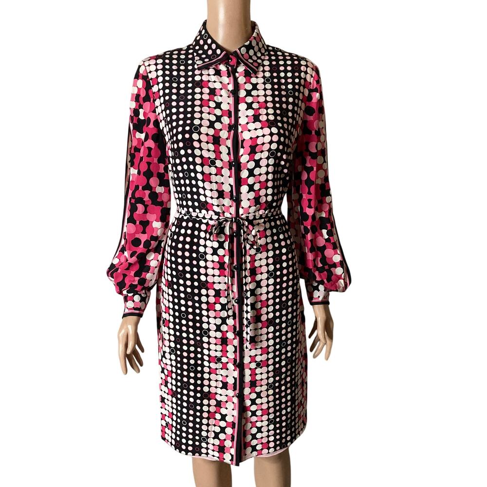 Kay Unger New York Polka Dot Shirt Dress Womens Size 6 Pink Black Belted Silk